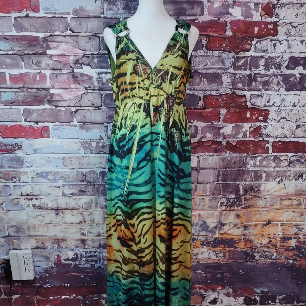 One World Crackle Dye Animal Print Dress w/Mesh Jacket